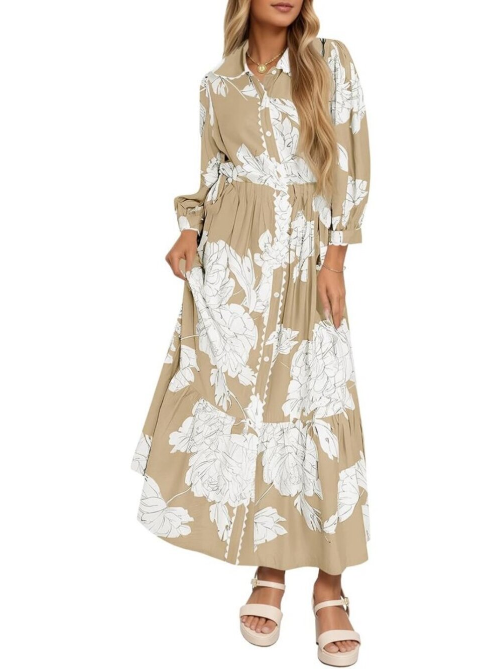 Floral Maxi Shirt Dress for Women - Long Sleeve, Button Down, Boho Style